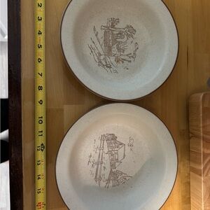 Stoneware Dinner Bowls in Cream with Brown Rim and Scenic Motif